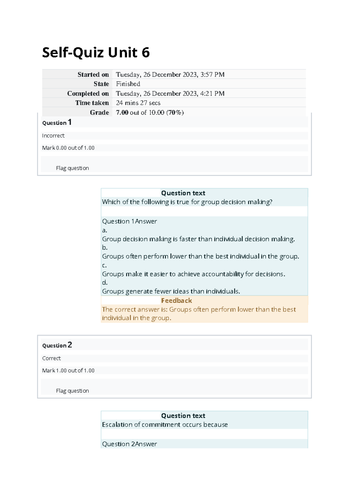 BUS 4402 Self Quiz Unit 6 copy - Self-Quiz Unit 6 Started on Tuesday ...