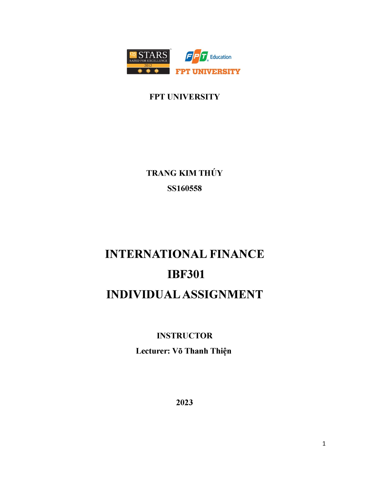 FA23 IBF301 IB1705 Individual Assignment Thuy TK - FPT UNIVERSITY TRANG ...