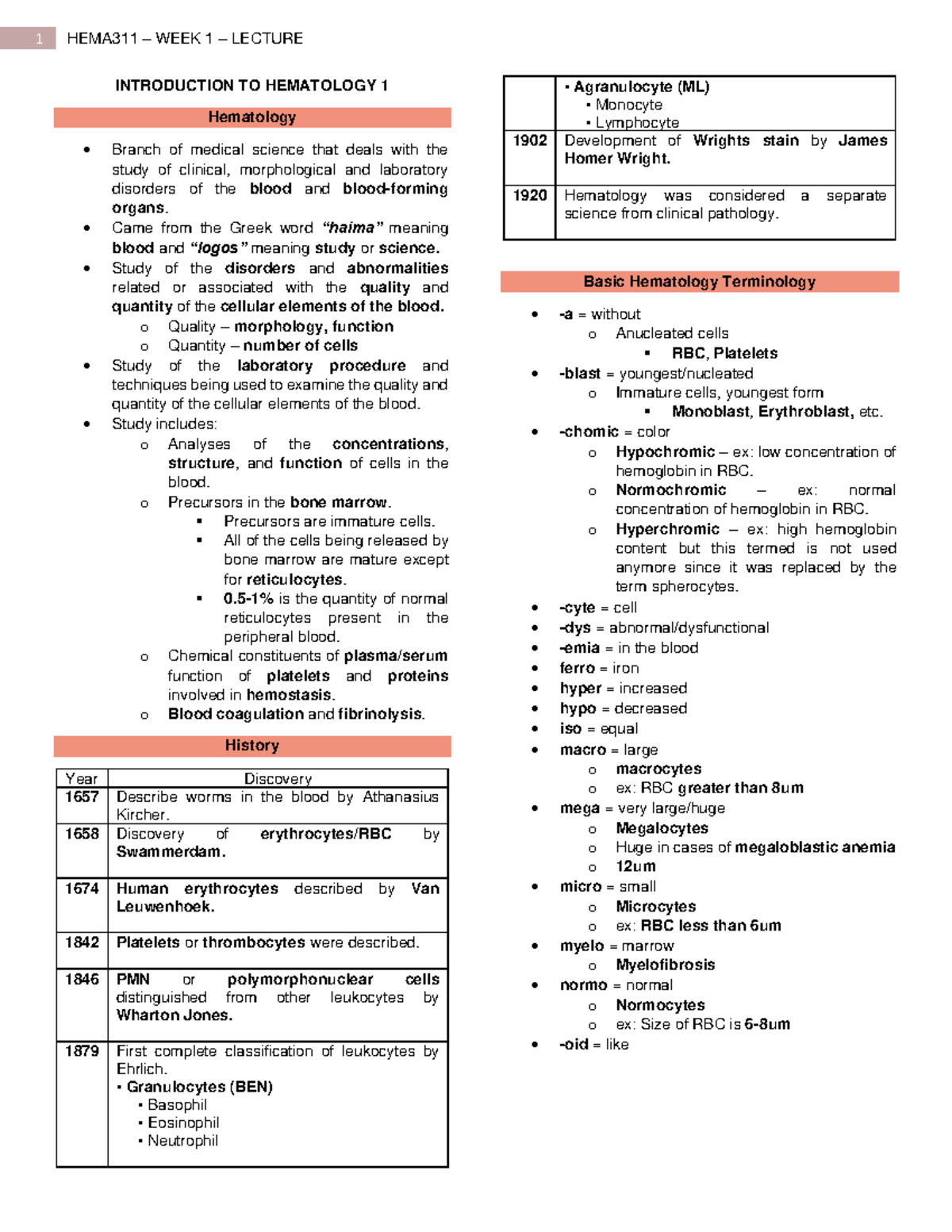 Copy of HEMA311-WEEK-1- Lecture - INTRODUCTION TO HEMATOLOGY 1 ...