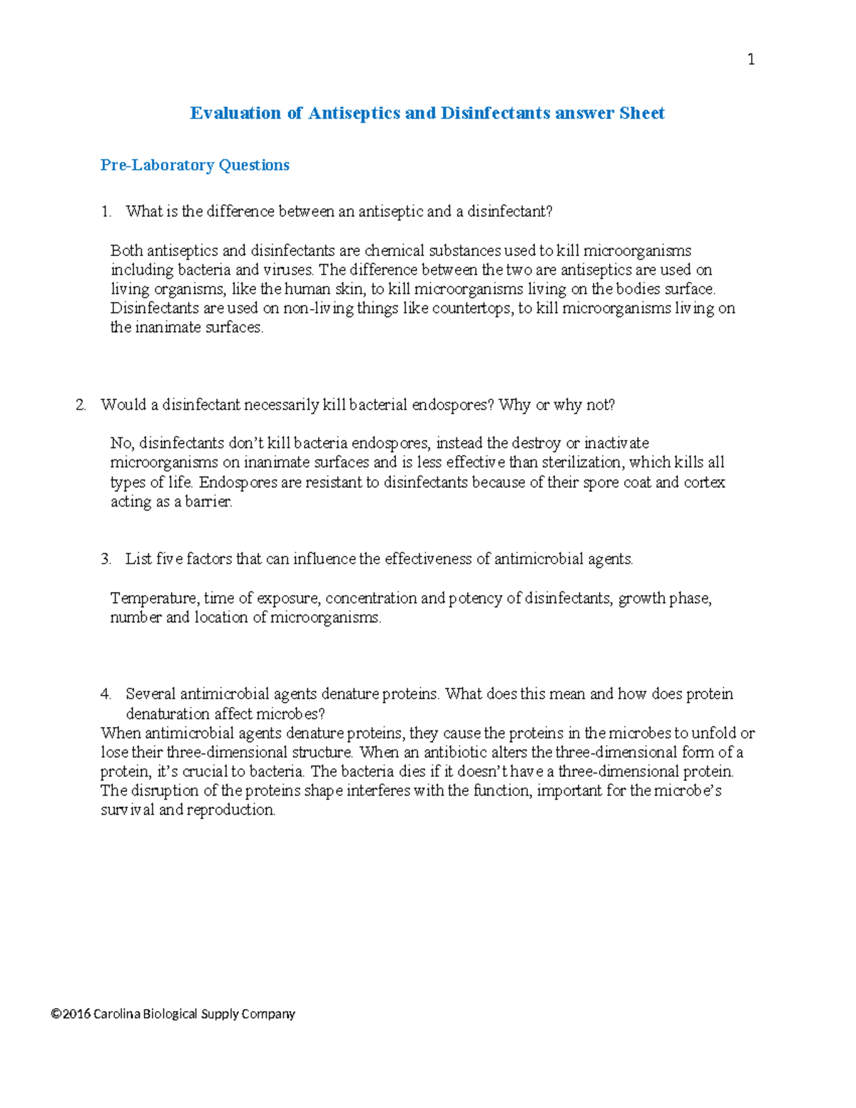 Evaluation of Antiseptics and Disinfectants Questions 1 Evaluation of