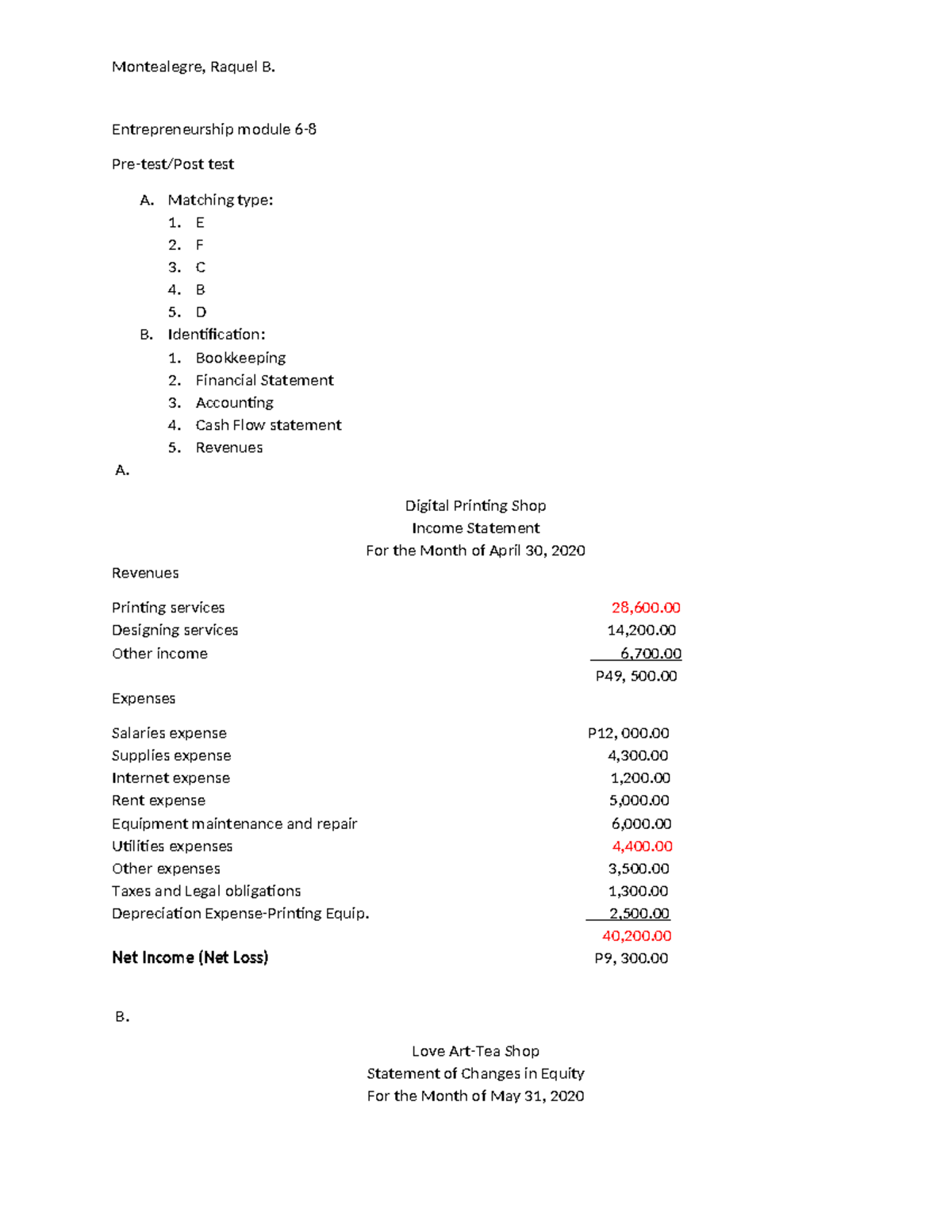 Entrepreneurship module 6-8 - Entrepreneurship module 6- Pre-test/Post ...