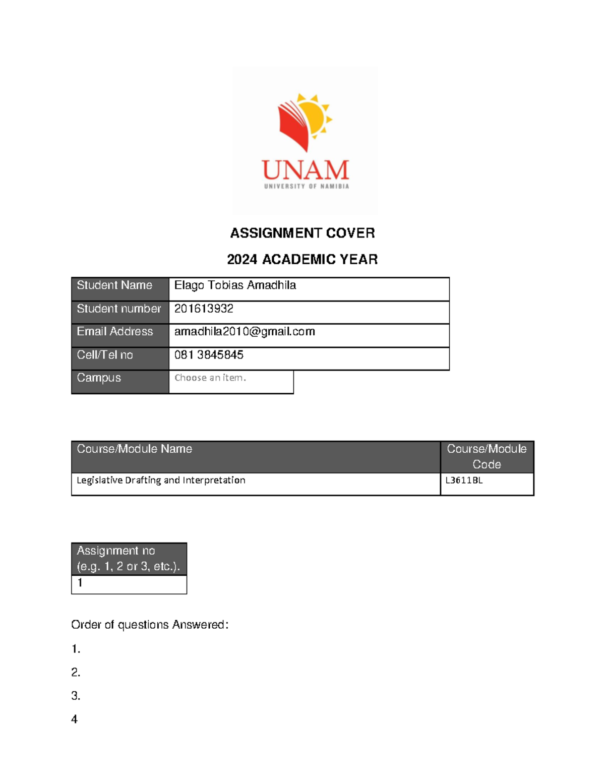 Legislative and drafting assignment 1 - ASSIGNMENT COVER 2024 ACADEMIC ...