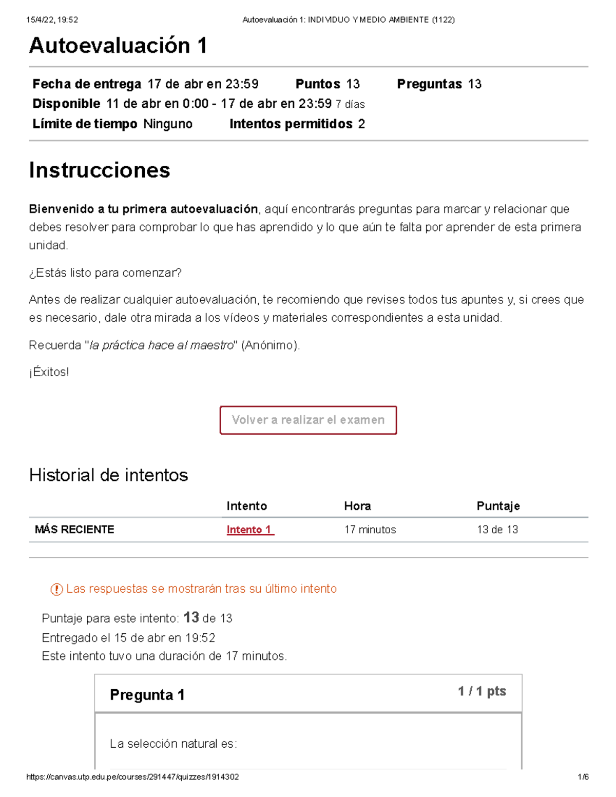 Autoevaluación 1 Individuo Y Medio Ambiente (1122) - Autoevaluación 1 ...