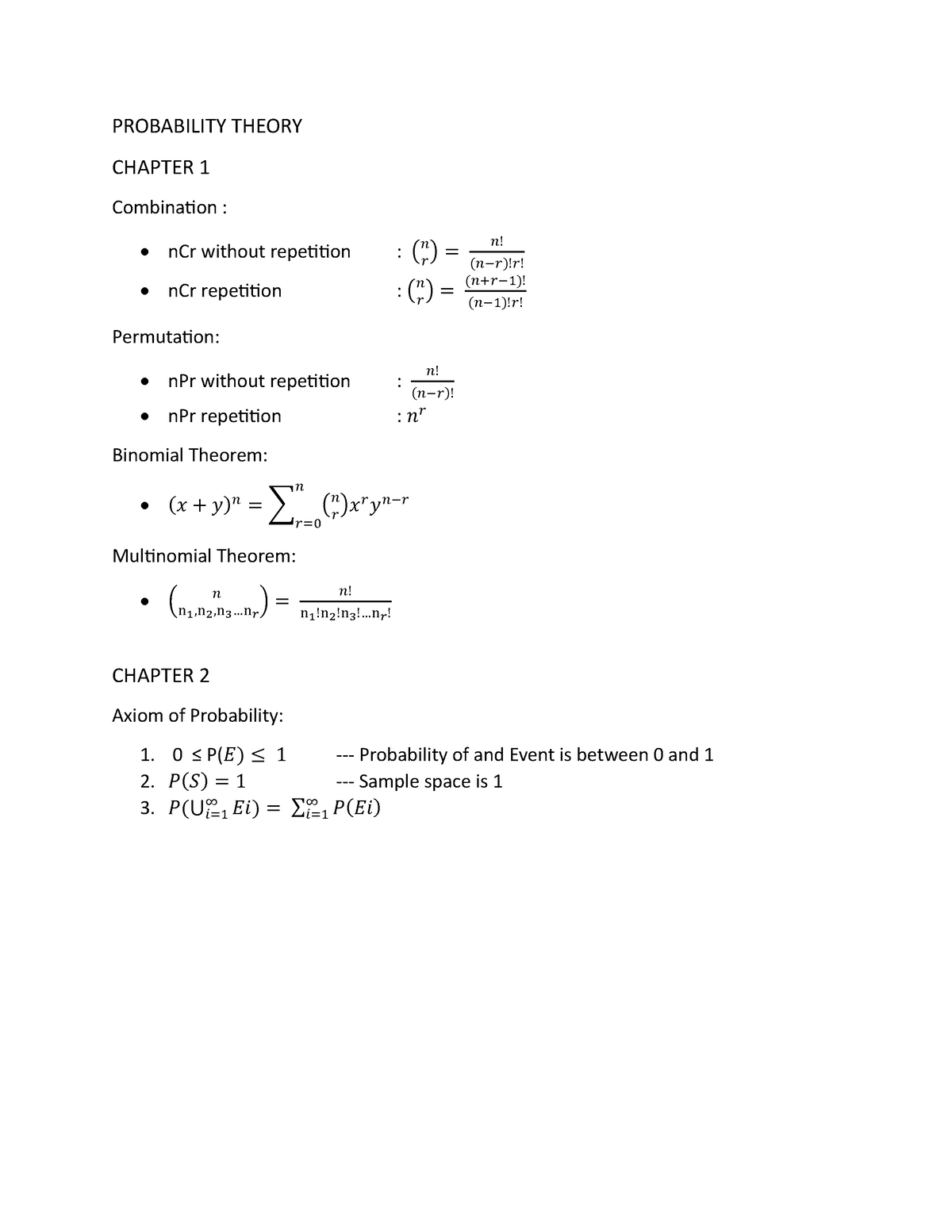 Prob Stats Summary - PROBABILITY THEORY CHAPTER 1 Combination : nCr ...