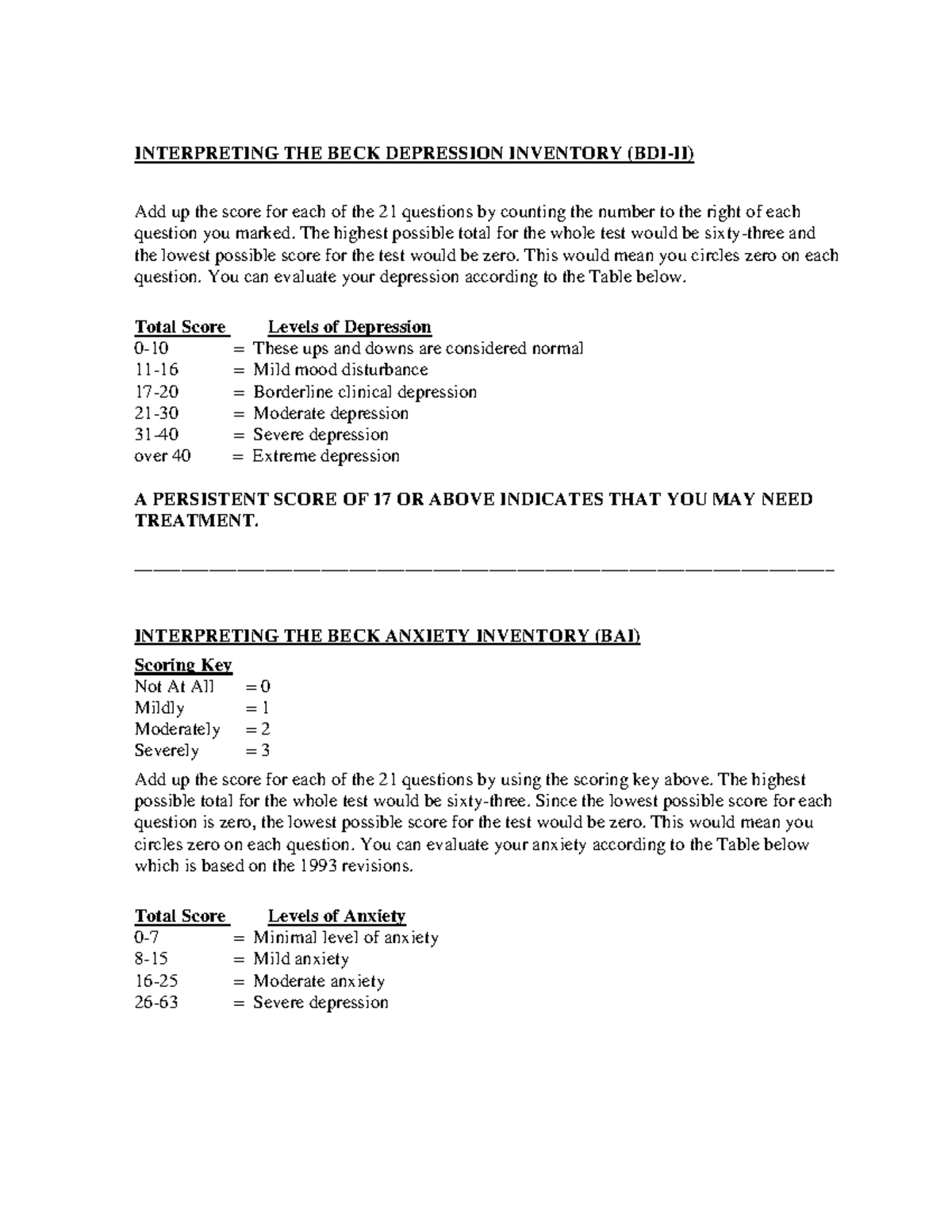 Scoring Instructionsforthe Beck Inventories 1 INTERPRETING THE BECK 