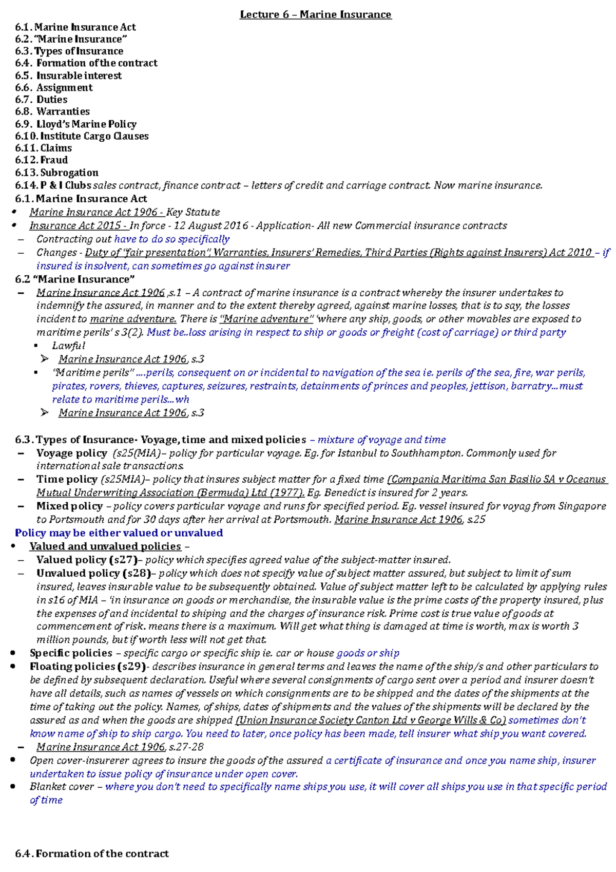 Marine Insurance - Marine Insurance Act 6. “marine Insurance” 6. Types 