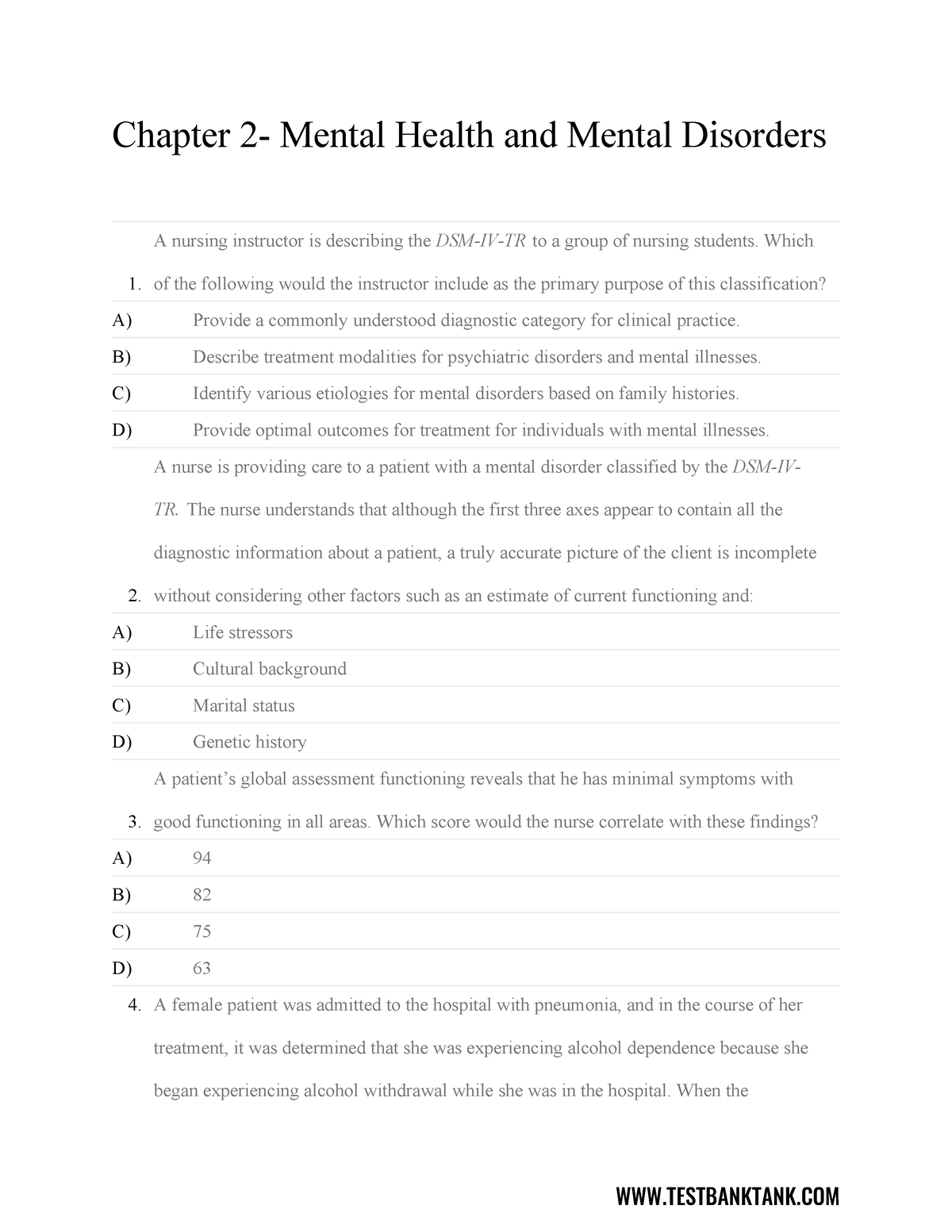 Ch2 Test Bank Tank - Med Surg - Chapter 2- Mental Health And Mental ...