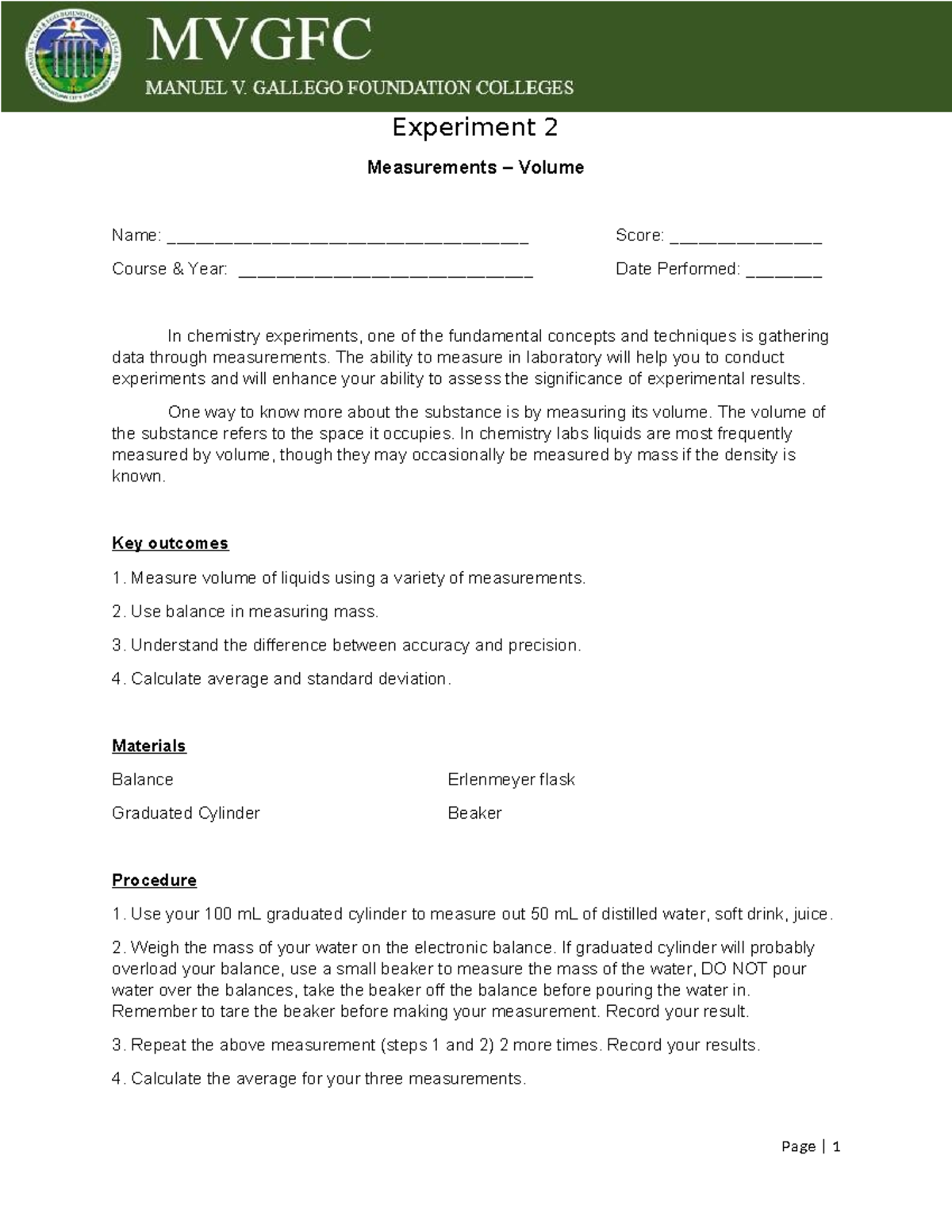 Experiment-2 - The ability to measure in laboratory will help you to ...