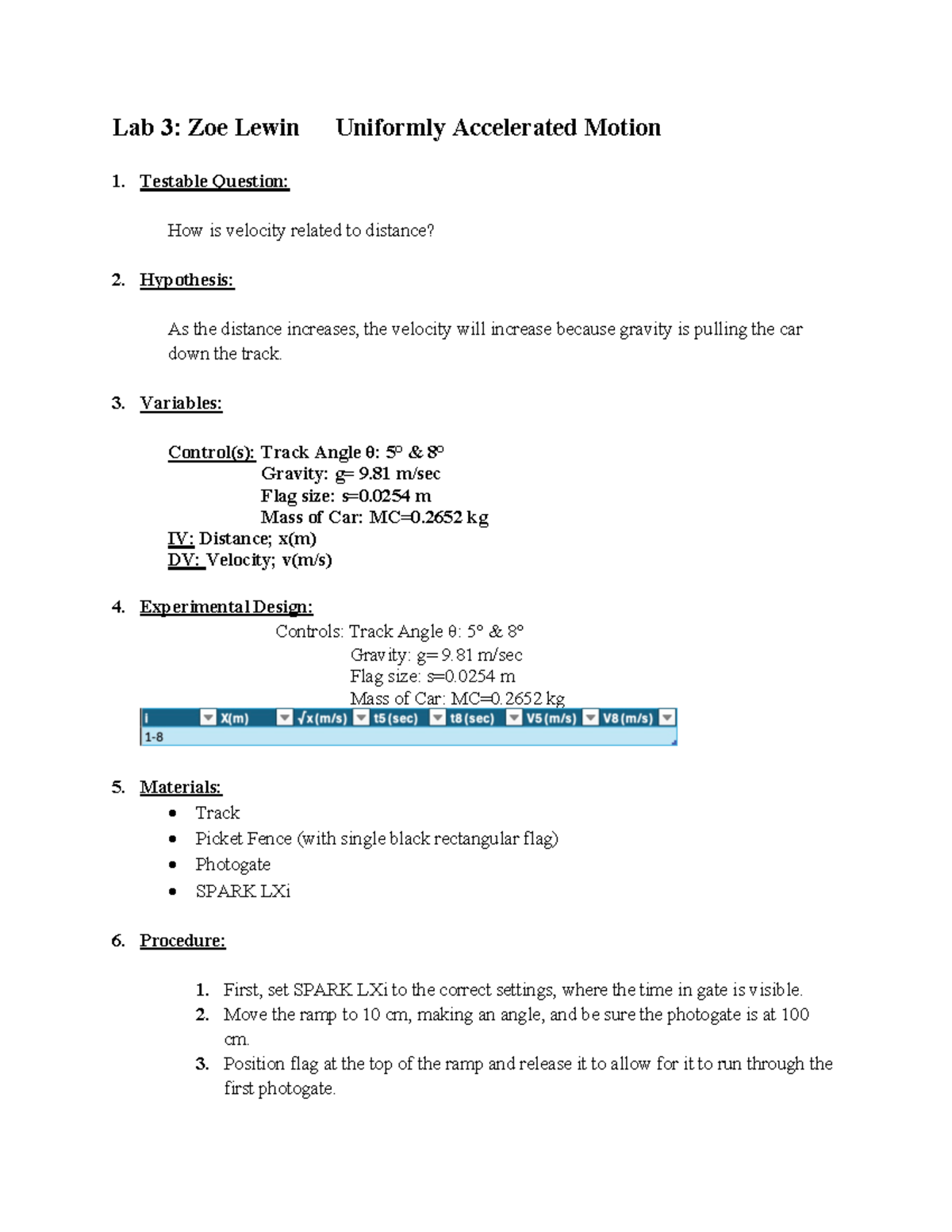 PHY111L Lab 3 Uniformly accelerated motion 3 - Lab 3 : Zoe Lewin ...