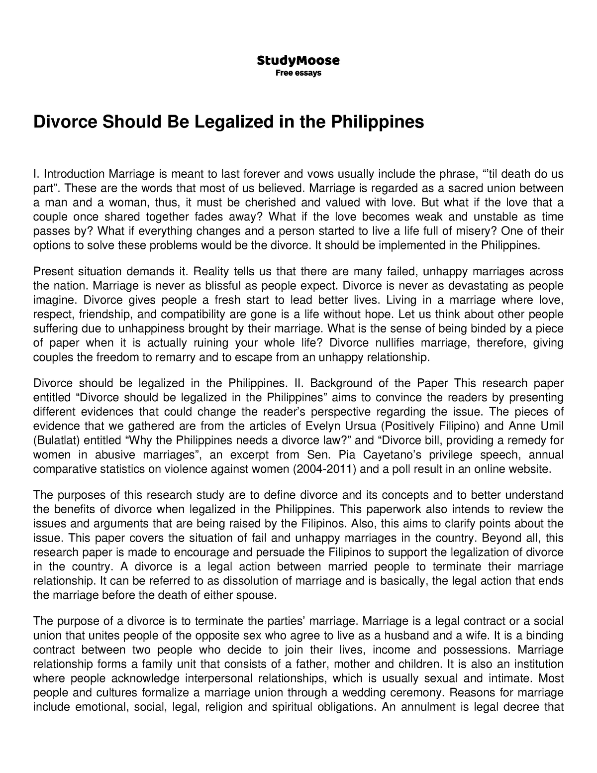 should divorce be legalized in the philippines essay brainly