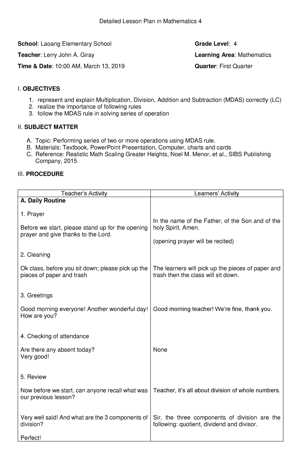 LESSON PLAN IN MARH 5 Detailed Lesson Plan In Mathematics 4 School 