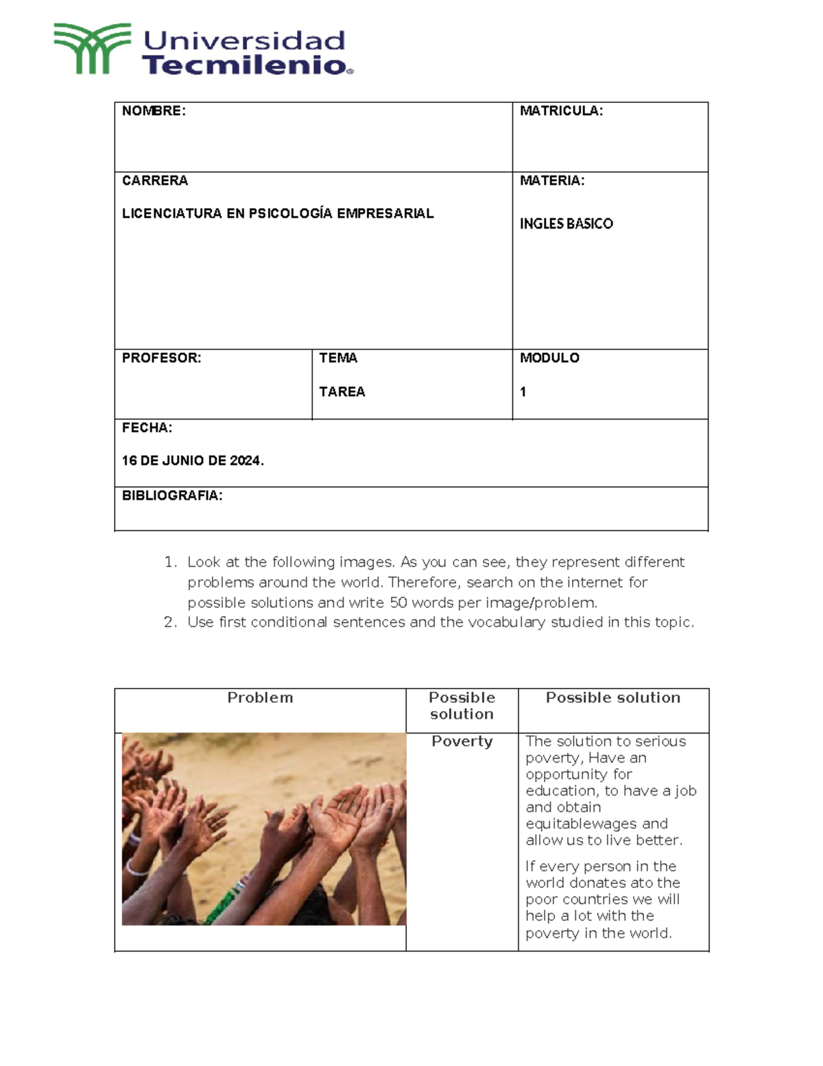 Homework 6 de la materia ingles básico, de la universidad Tecmilenio ...
