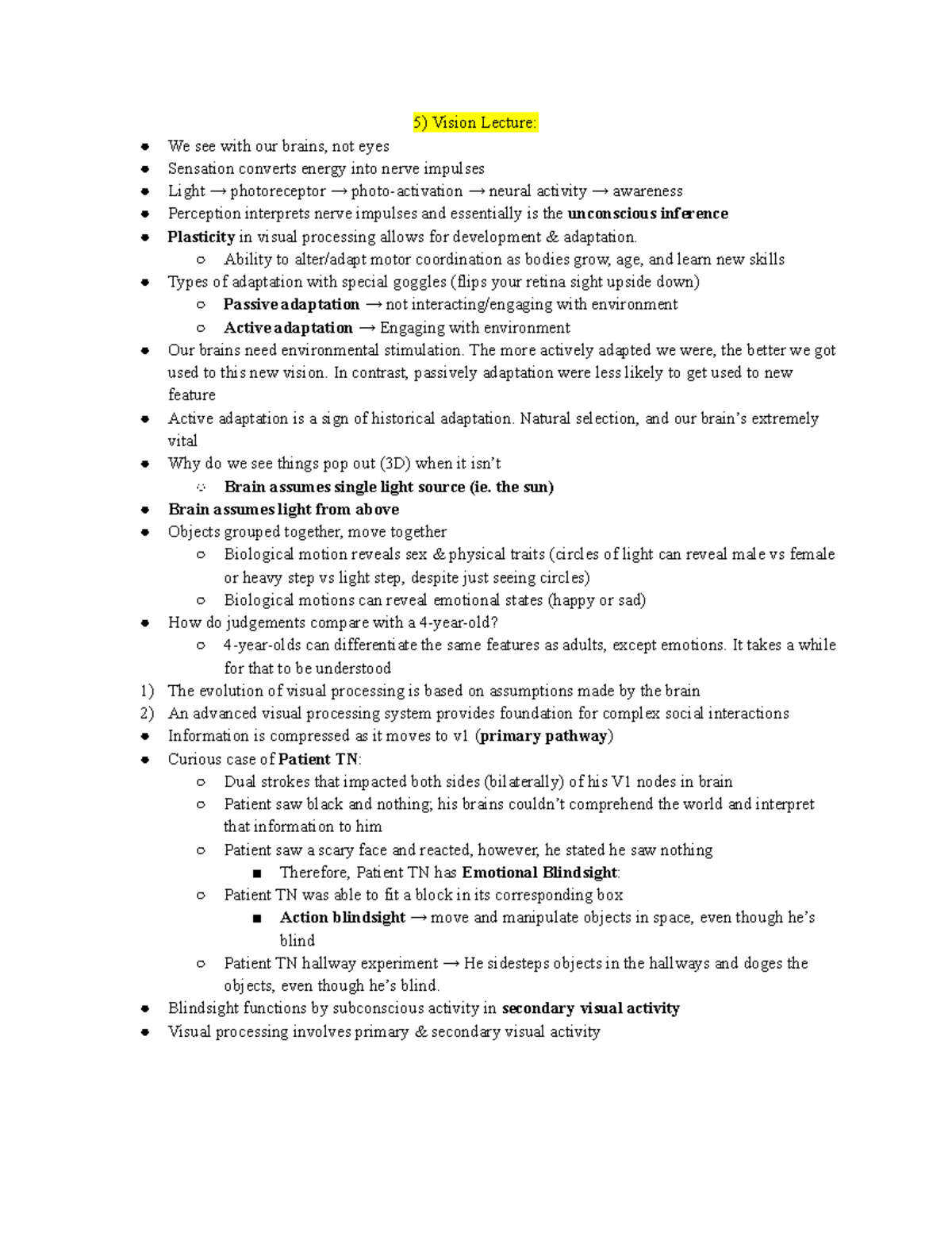 Vision Lecture Notes - Vision Lecture: We see with our brains, not eyes ...