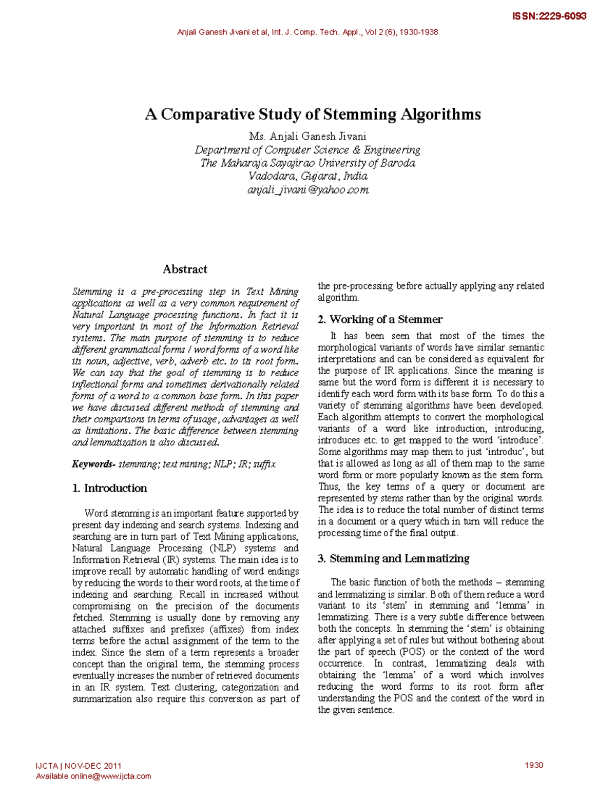 Jivani 2011 - Grade A+ - A Comparative Study of Stemming Algorithms Ms ...