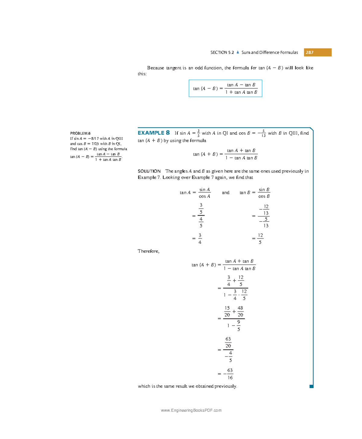 Sum and Difference Formulas - Looking over Example 7 again, we find ...