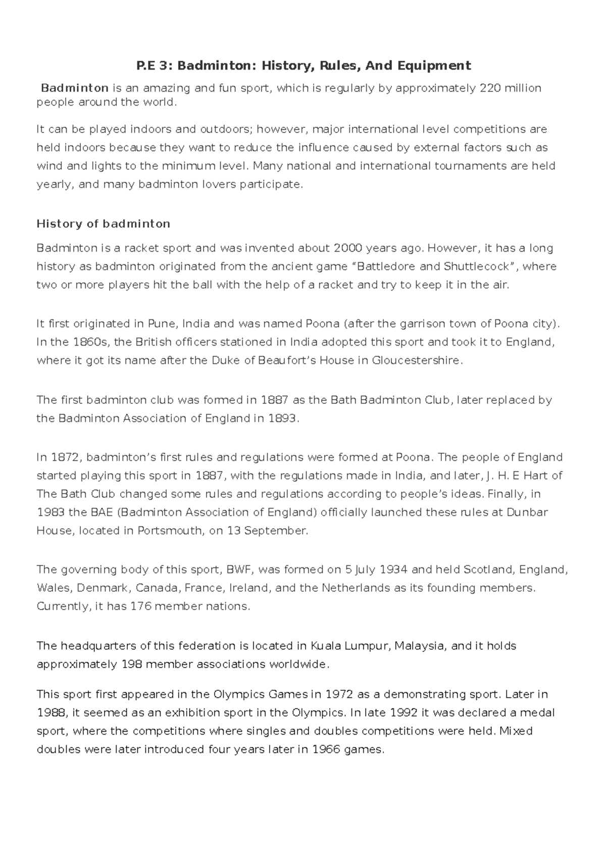 Document (78) P 3 Badminton History, Rules, And Equipment Badminton