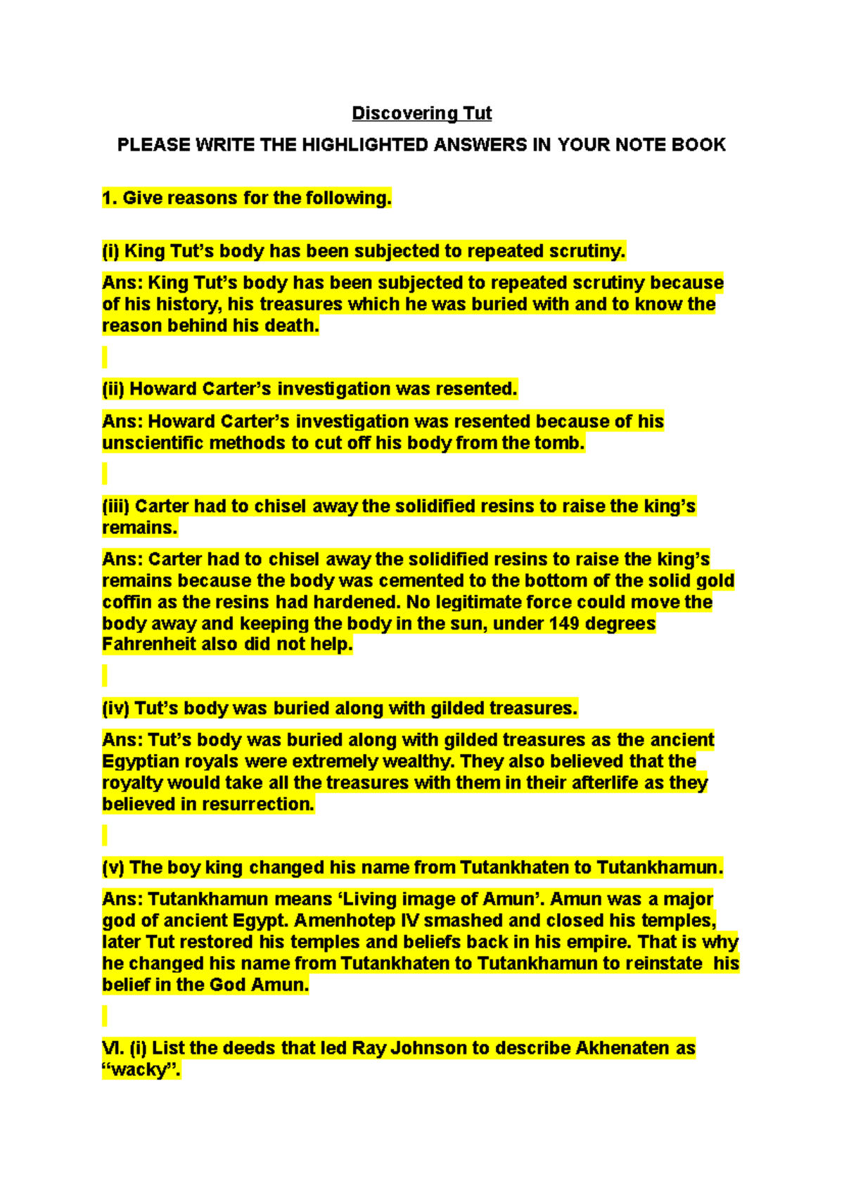 Notes- Discovering Tut - Discovering Tut PLEASE WRITE THE HIGHLIGHTED ...