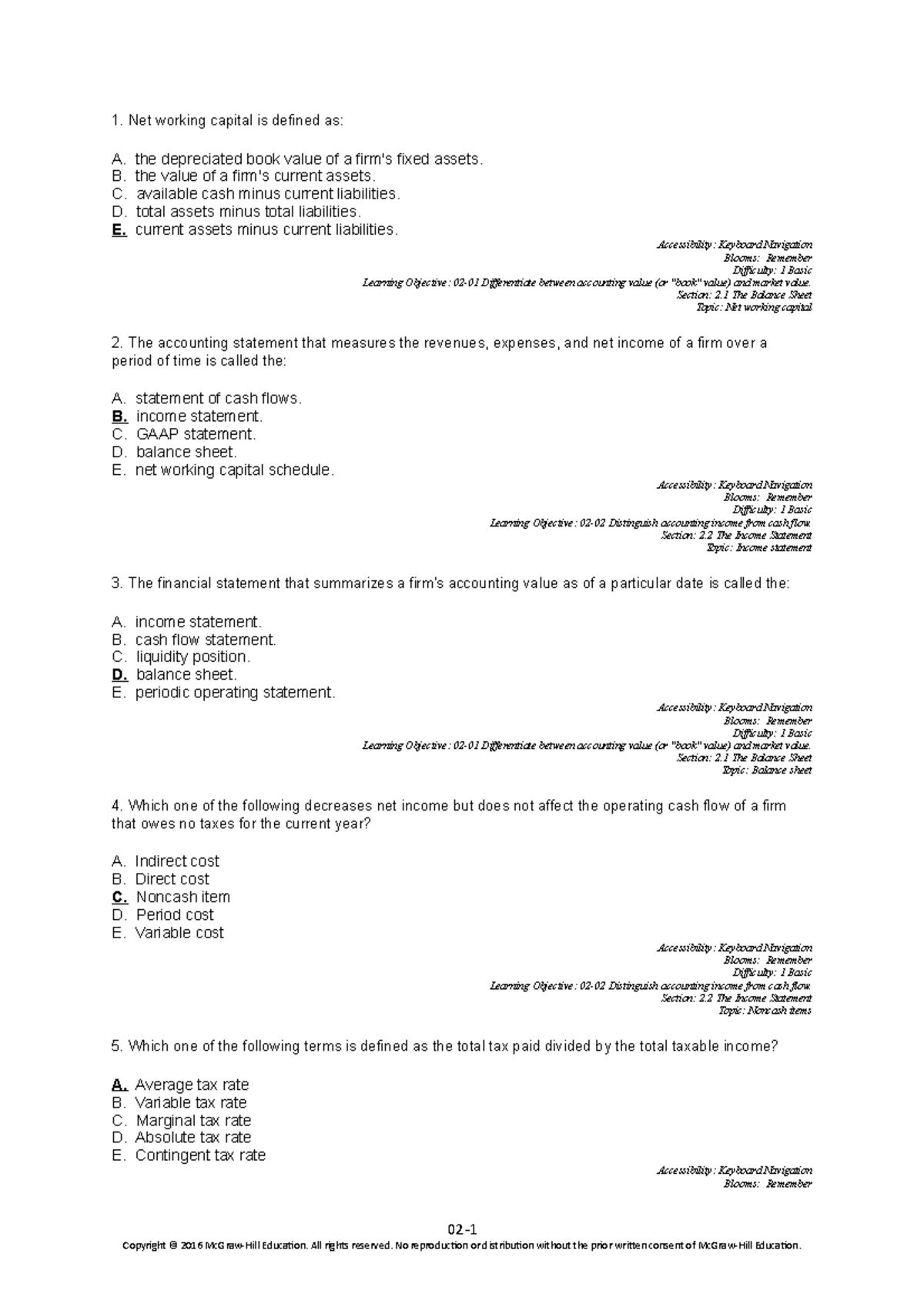 Chapter 02 Test Bank - Static - Net Working Capital Is Defined As: A 