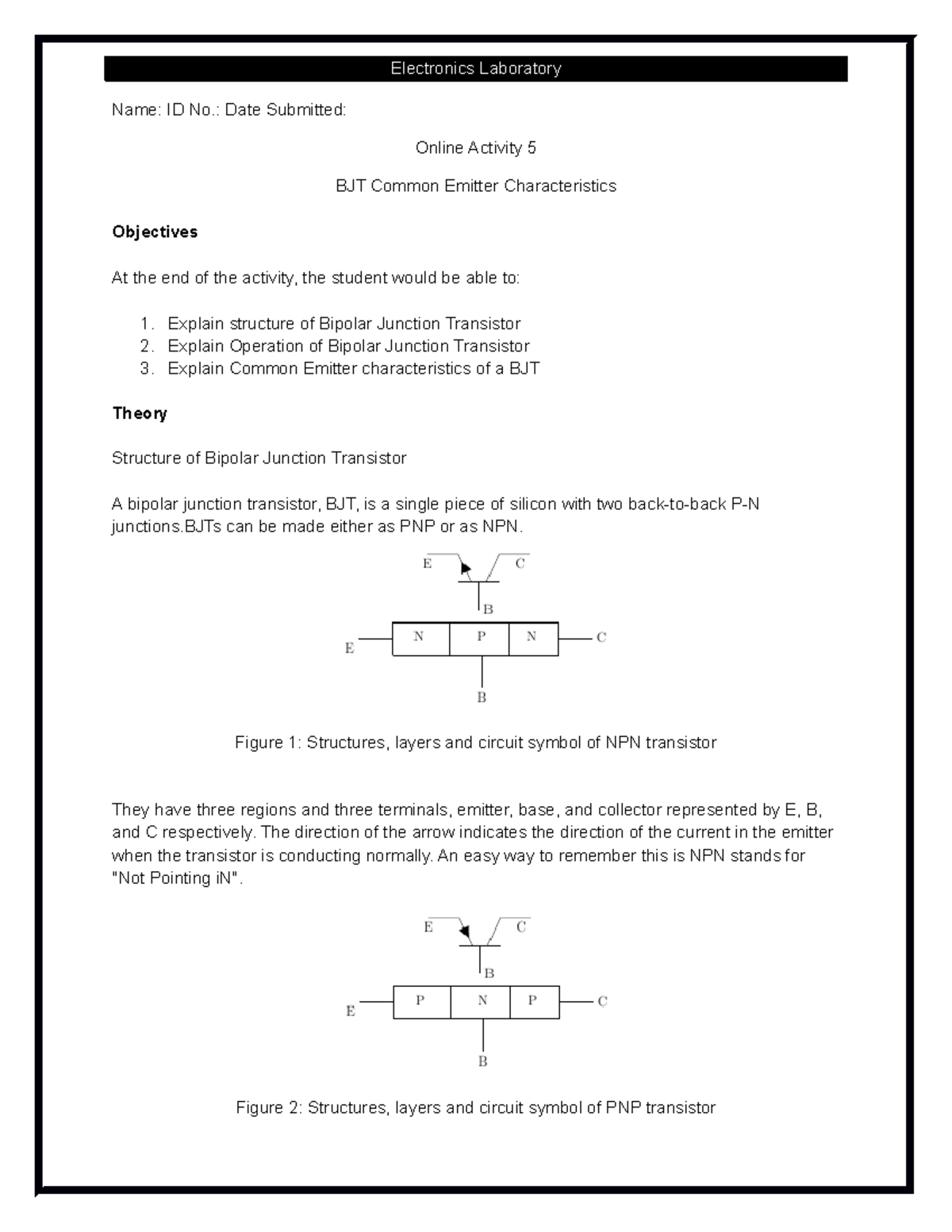 Electronics Lab 5 - Essay - Electronics Laboratory Name: ID No.: Date ...