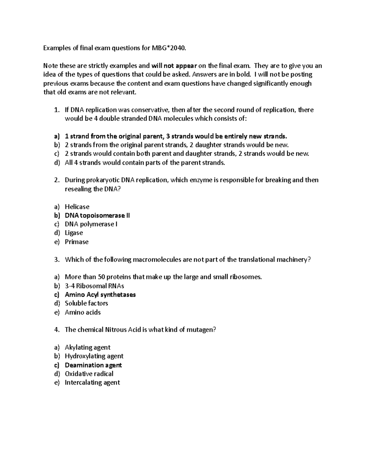 Examples of final exam questions for MBG - Note these are strictly ...