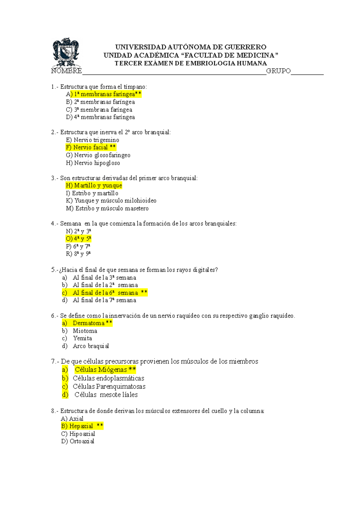 Examen 9 Octubre 2018, preguntas y respuestas UNIVERSIDAD AUTÓNOMA DE GUERRERO UNIDAD