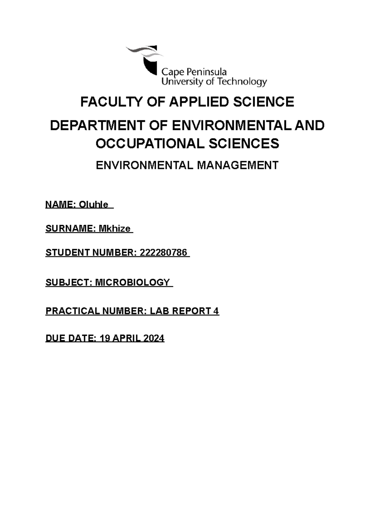 Practical 4 - FACULTY OF APPLIED SCIENCE DEPARTMENT OF ENVIRONMENTAL ...