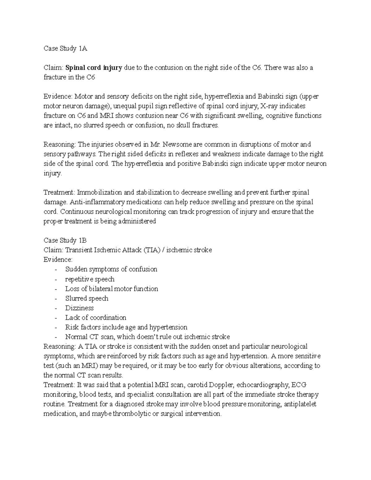 CERT%20Case%20Study%201A-1B - Case Study 1A Claim: Spinal cord injury ...