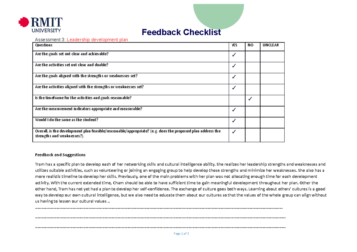 A3 Feedback Check List - Feedback Checklist Assessment 3: Leadership ...