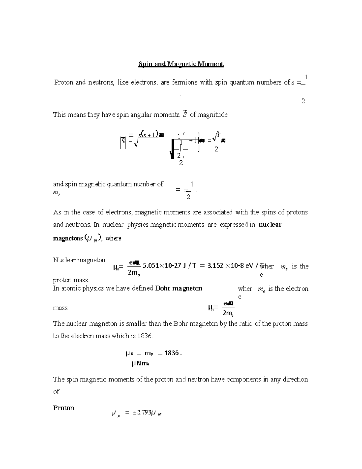 Physics Spin and Magnetic Moment - S μ N e 2m 5 10 27 J / T 3 10 8 eV ...