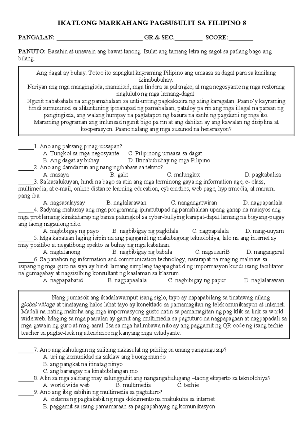 Ikatlong Markahang Pagsusulit SA Filipino 8 - IKATLONG MARKAHANG ...