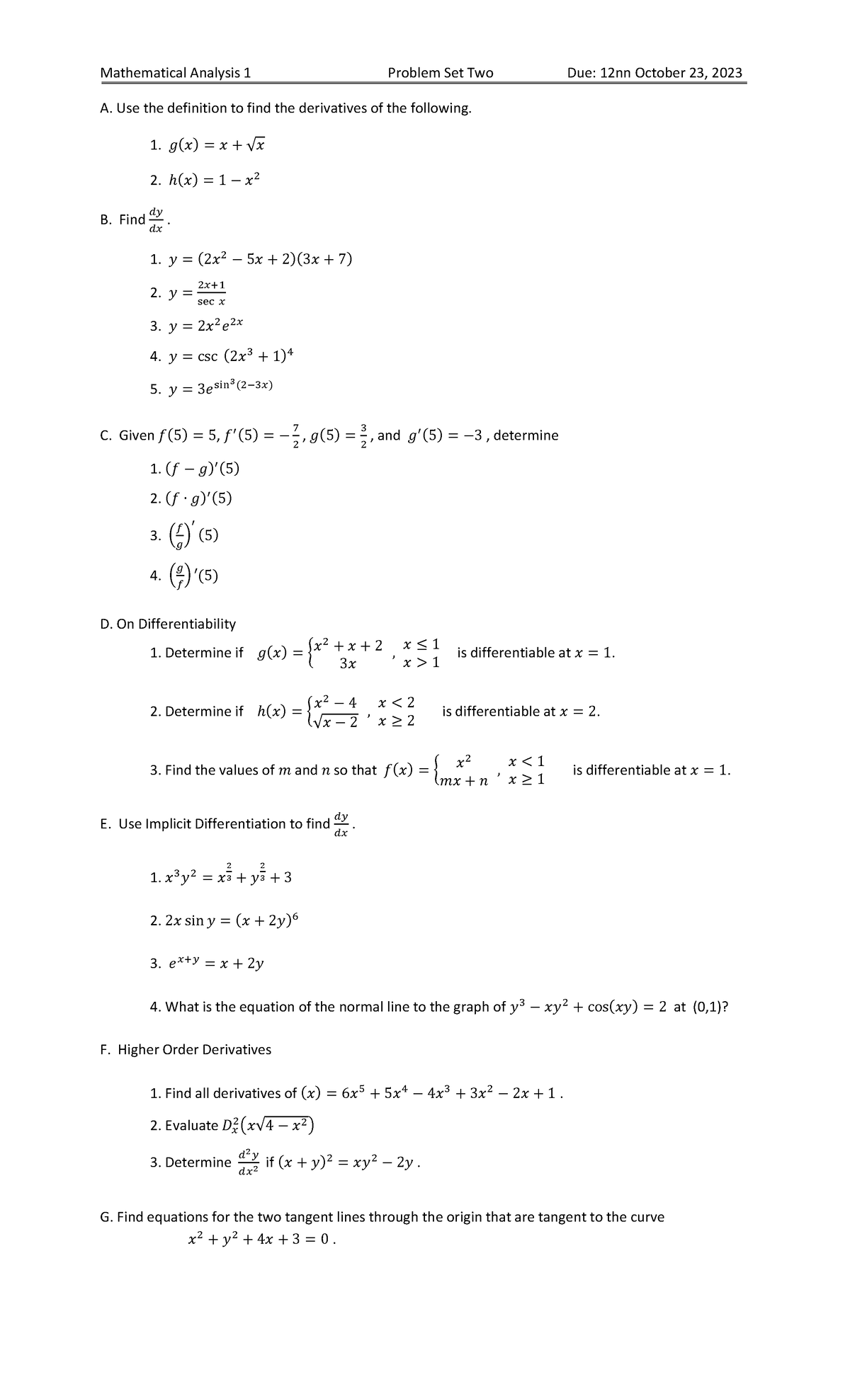 Problem Set on Derivatives - Mathematical Analysis 1 Problem Set Two ...