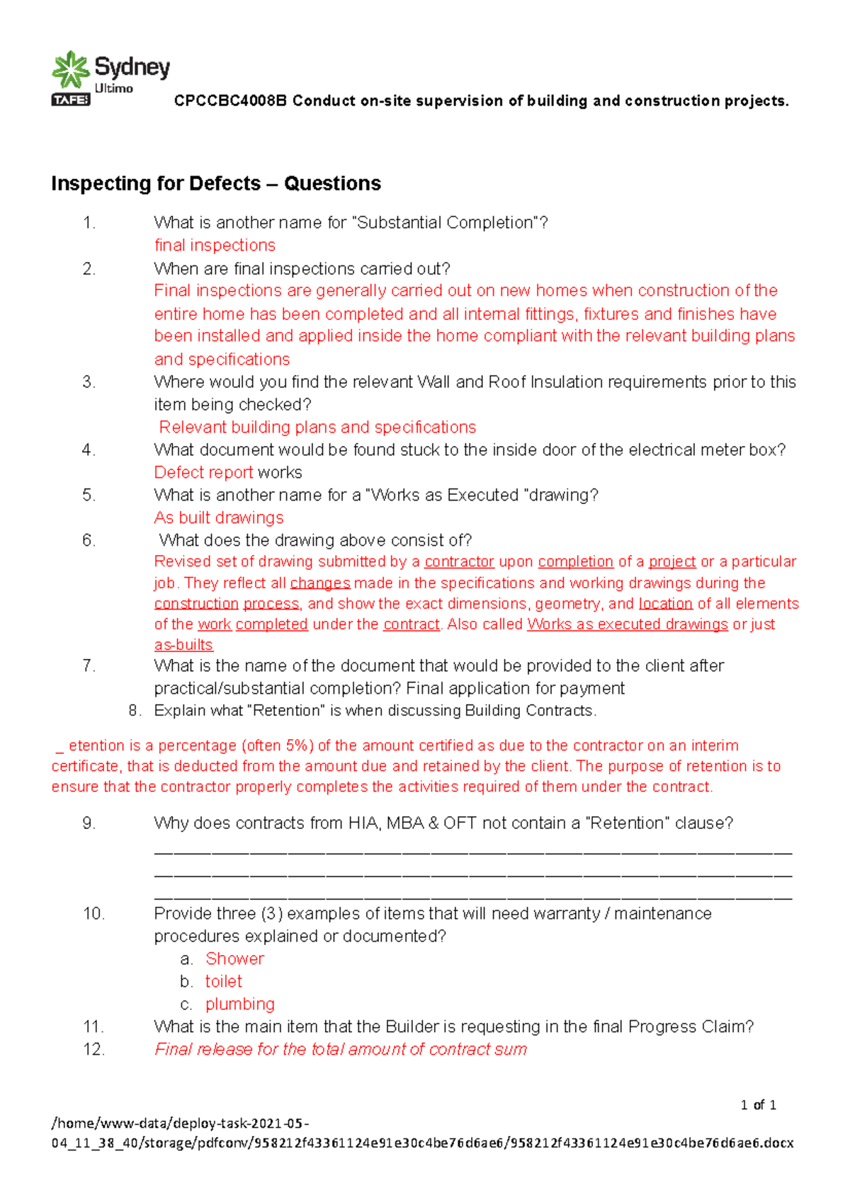 Defects Questions - CPCCBC4008B Conduct on-site supervision of building ...