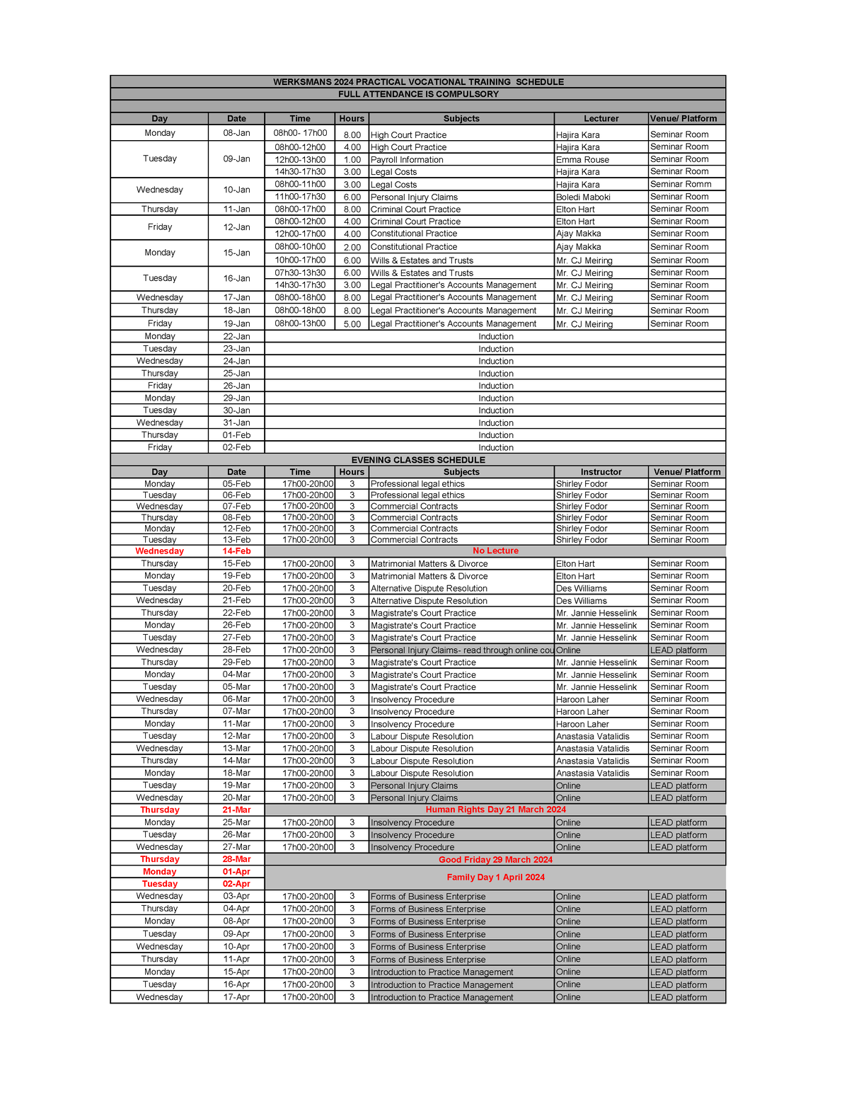 2024 PLT Course Programme Day Date Time Hours Subjects Lecturer Venue