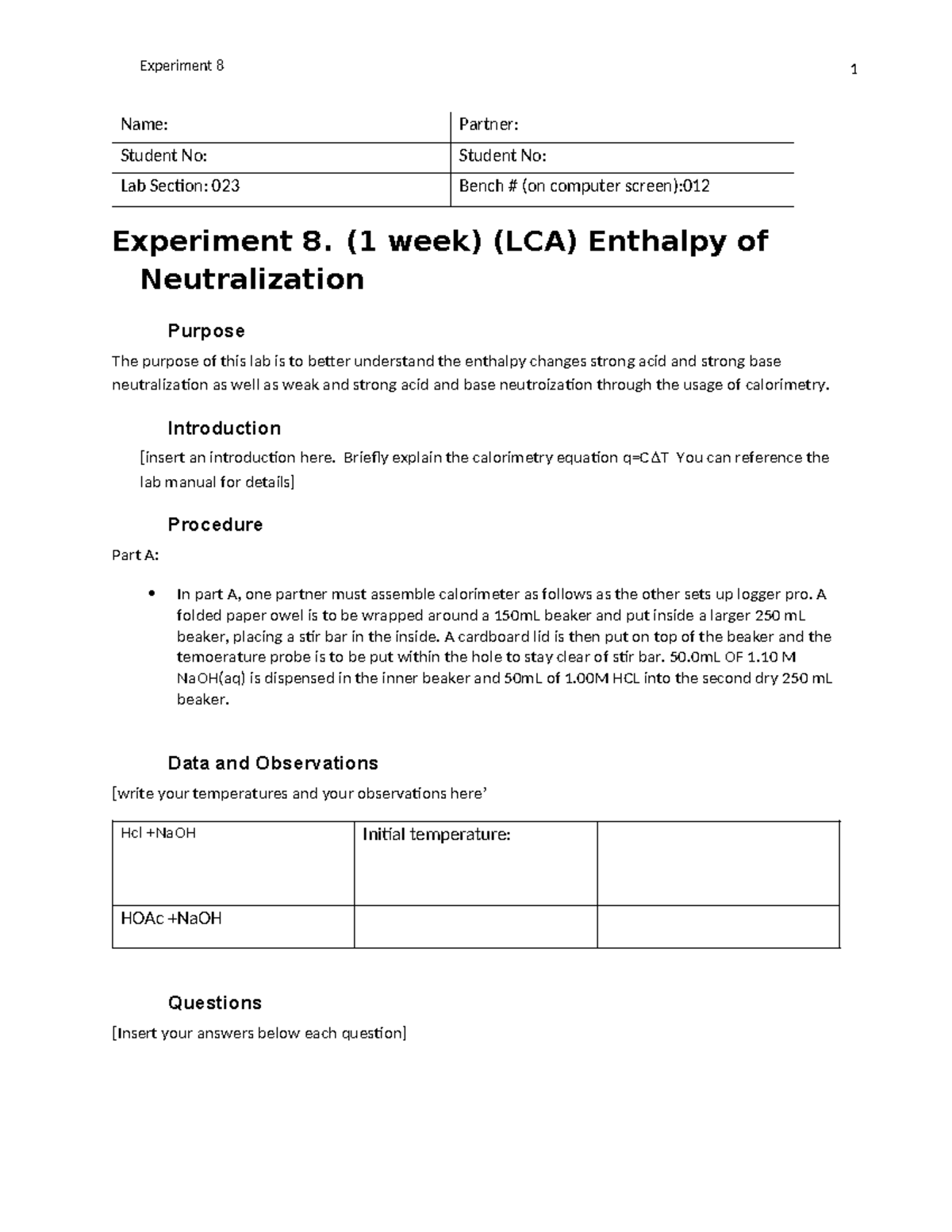 Template Enthalpy of Neutralization - Name: Partner: Student No ...