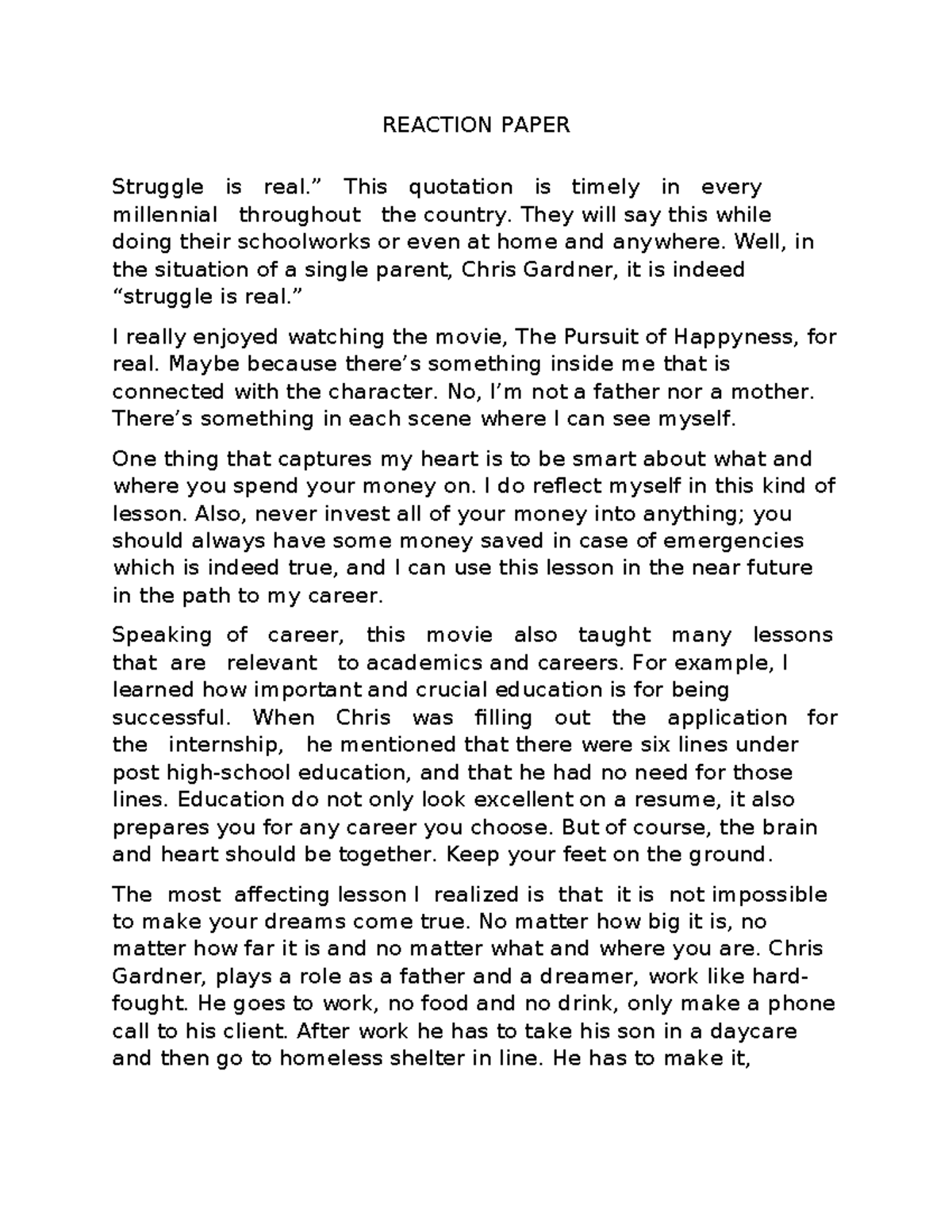 Reaction Paper example - REACTION PAPER Struggle is real.” This ...