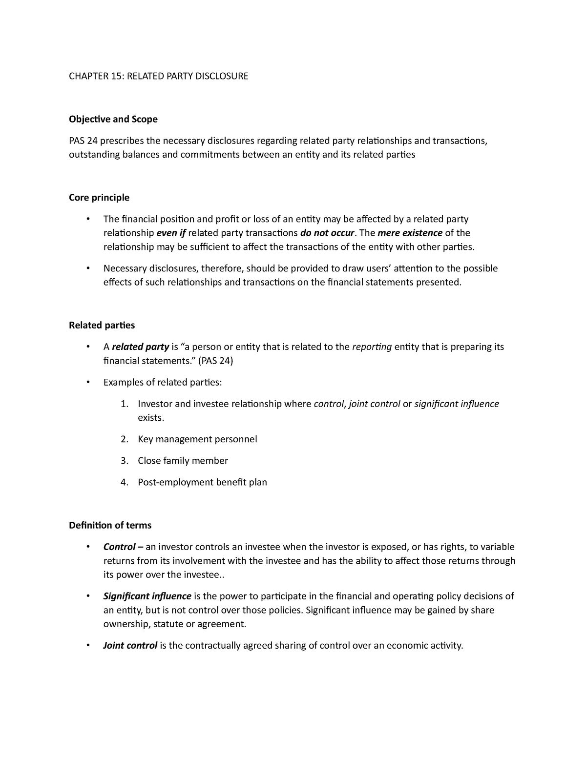 CFAS C15 PAS24 - CHAPTER 15: RELATED PARTY DISCLOSURE Objective And ...