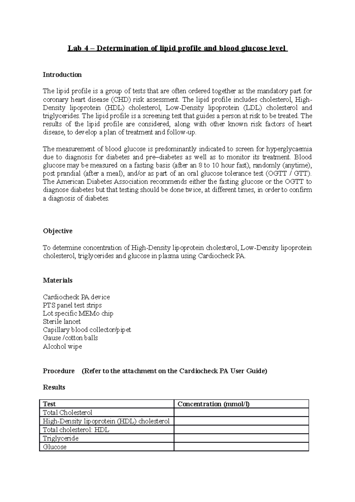 Lab 4 lab manual - Lab 4 – Determination of lipid profile and blood ...