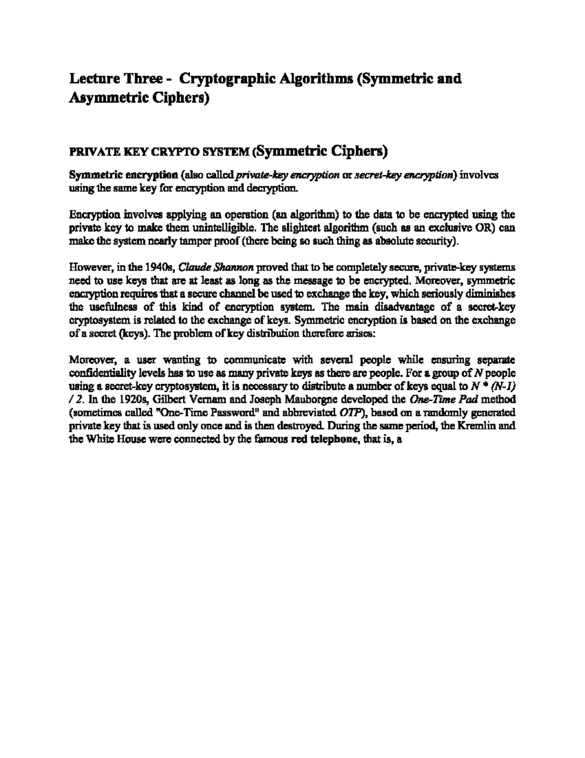 Lecture 3a- Cryptographic Algorithms (Symmetric and Asymmetirc Ciphers ...