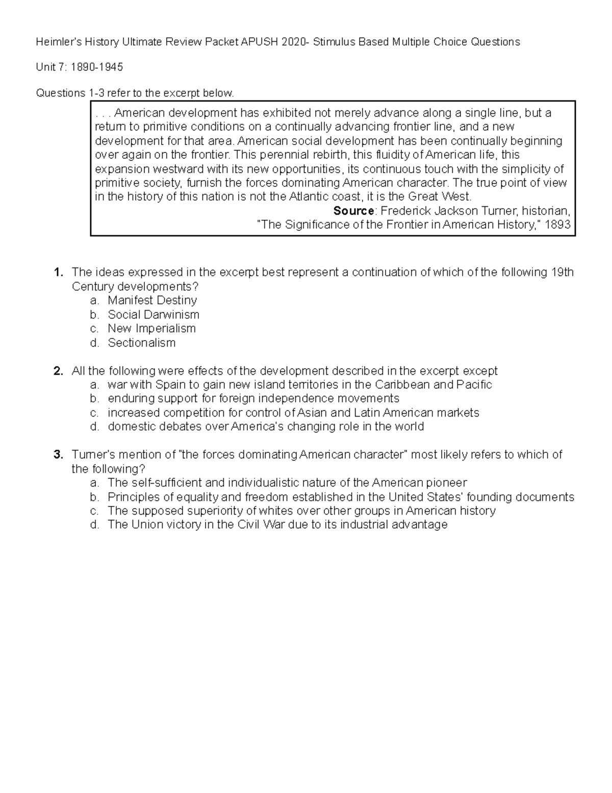 Apush Unit7 MCQ Ultimate Review Packet Unit 7 1890 Questions 1 3 