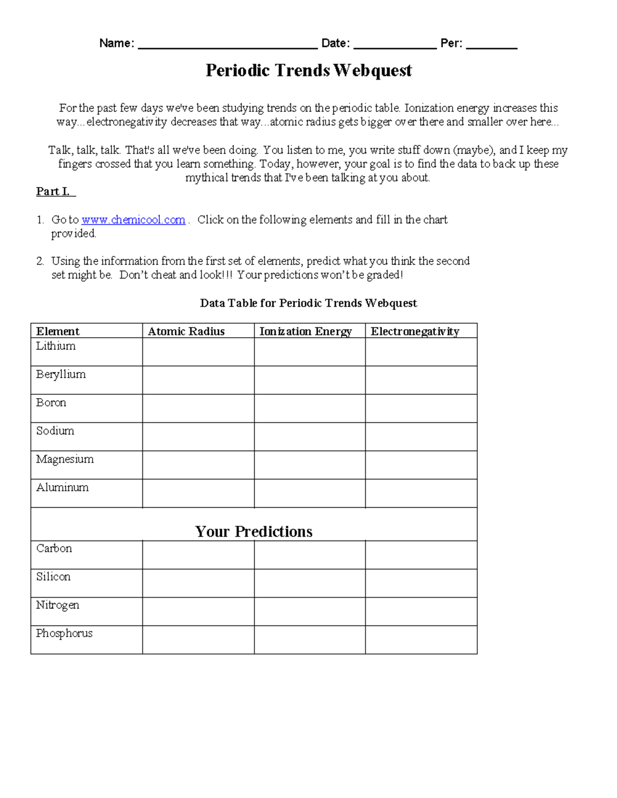 Periodic Trends Webquest - Name: ____________________________ Date ...