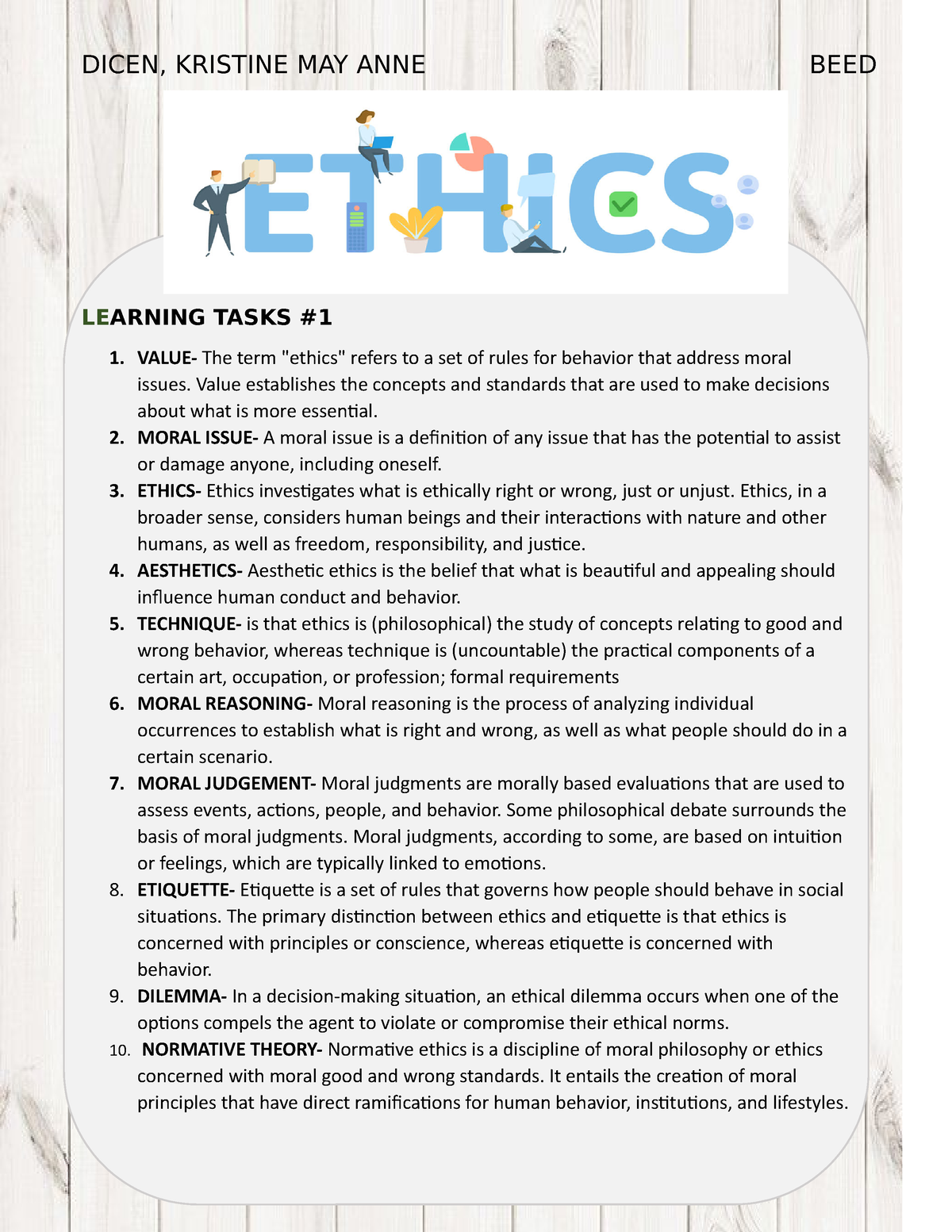 Ethics - etnics - DICEN, KRISTINE MAY ANNE BEED LEARNING TASKS VALUE ...