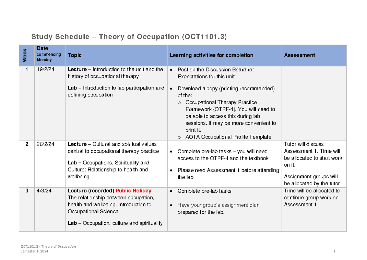 OCT1101 Schedule - OCT1101 - Theory of Occupation Study Schedule ...