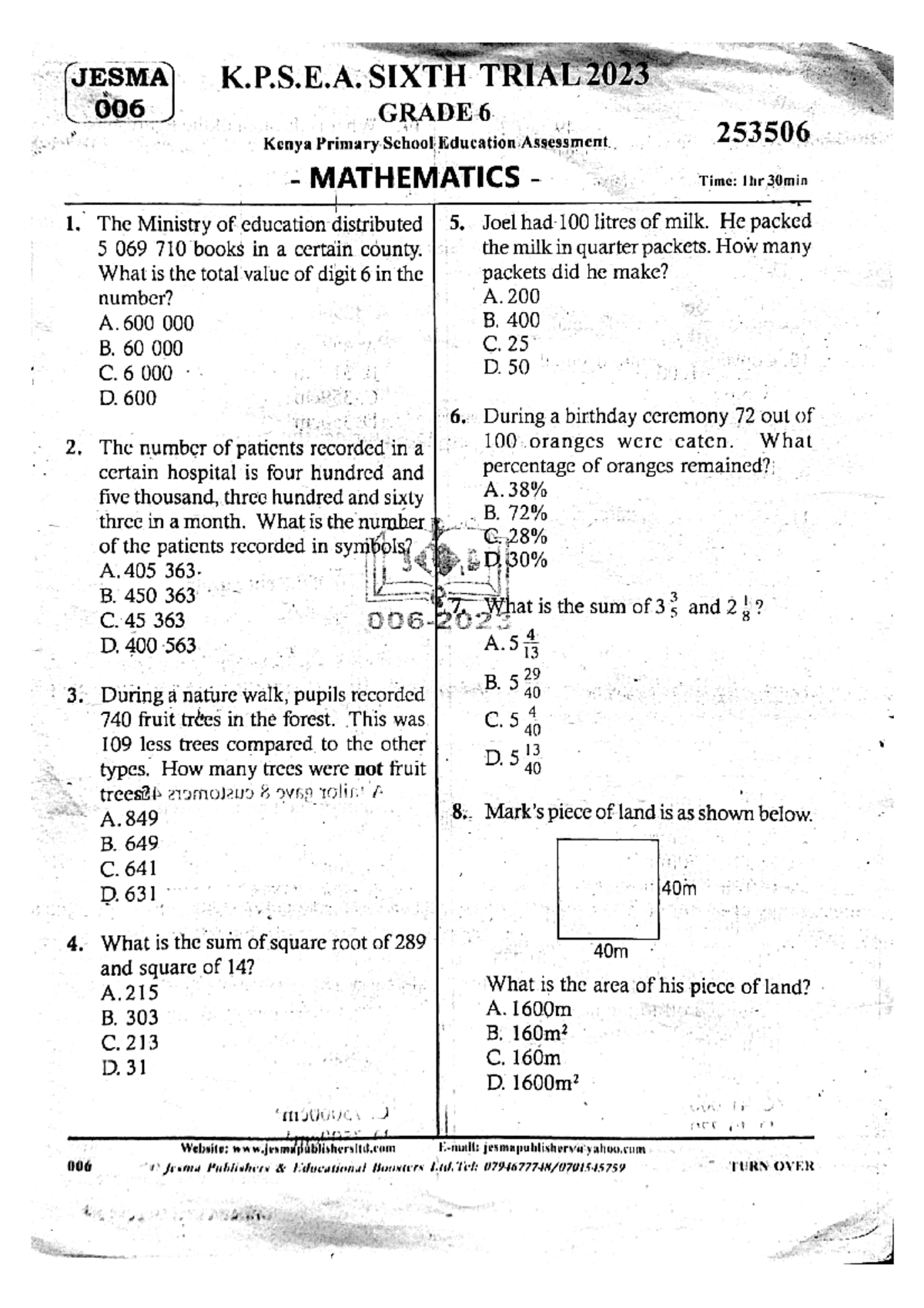 G6 Maths Jesma 006 - Math - Jesma K.p.s.e. Sixth Trial 2023 006 Grade 6 