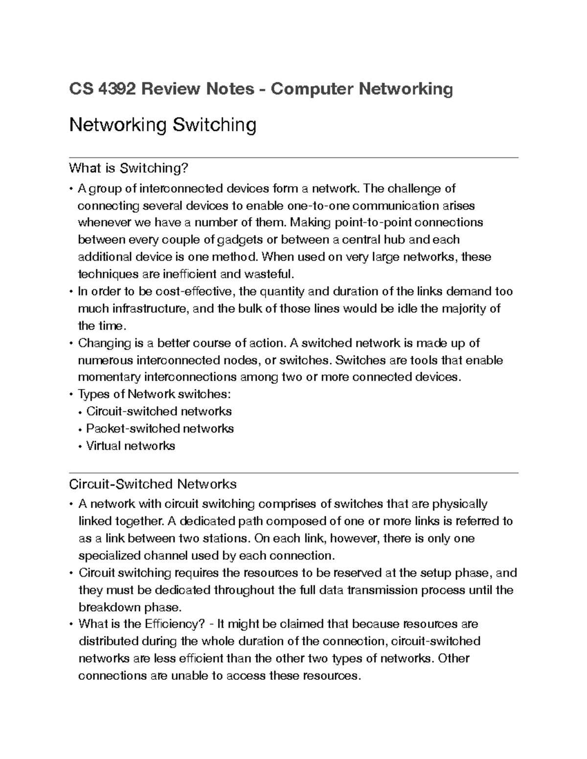 CS 4392 Notes - Network Switching - CS 4392 Review Notes - Computer ...