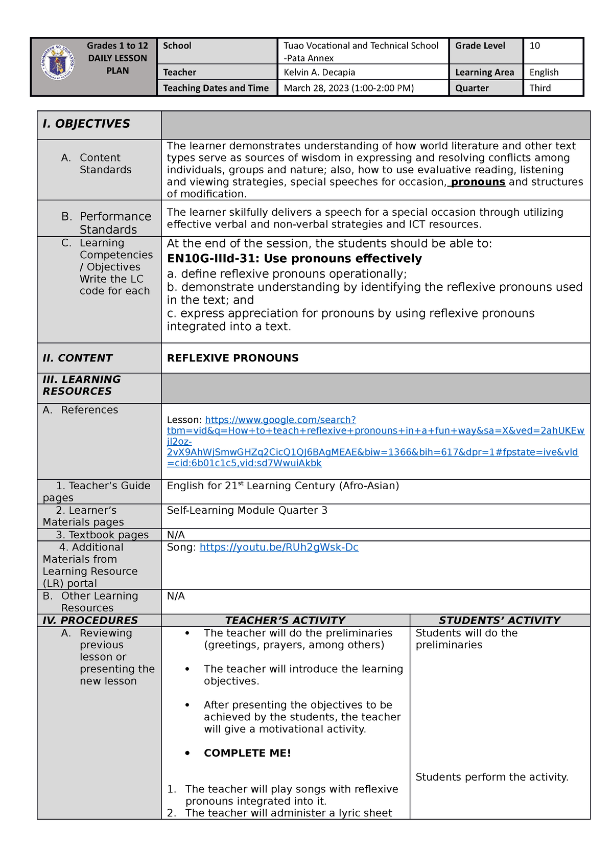 DLP-DEMO-reflexive pronouns - Grades 1 to 12 DAILY LESSON PLAN School ...