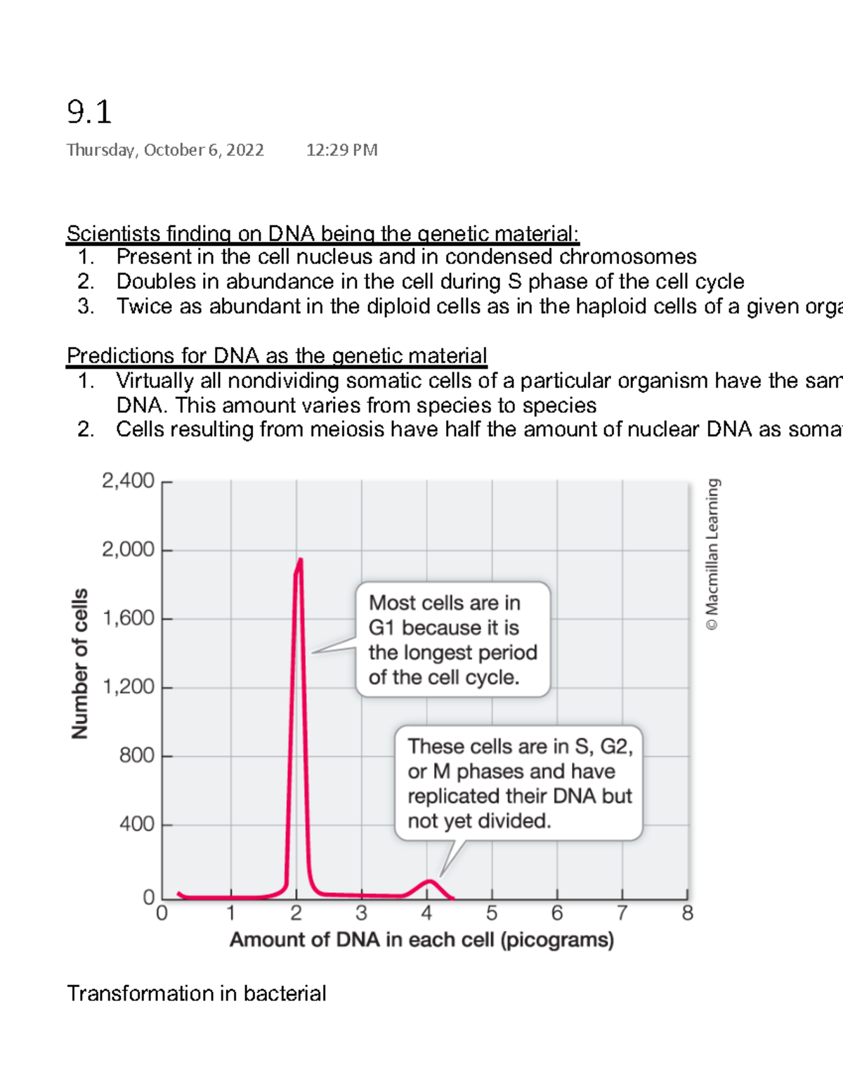9 - Chapter 9.1 Reading notes - Scientists finding on DNA being the ...