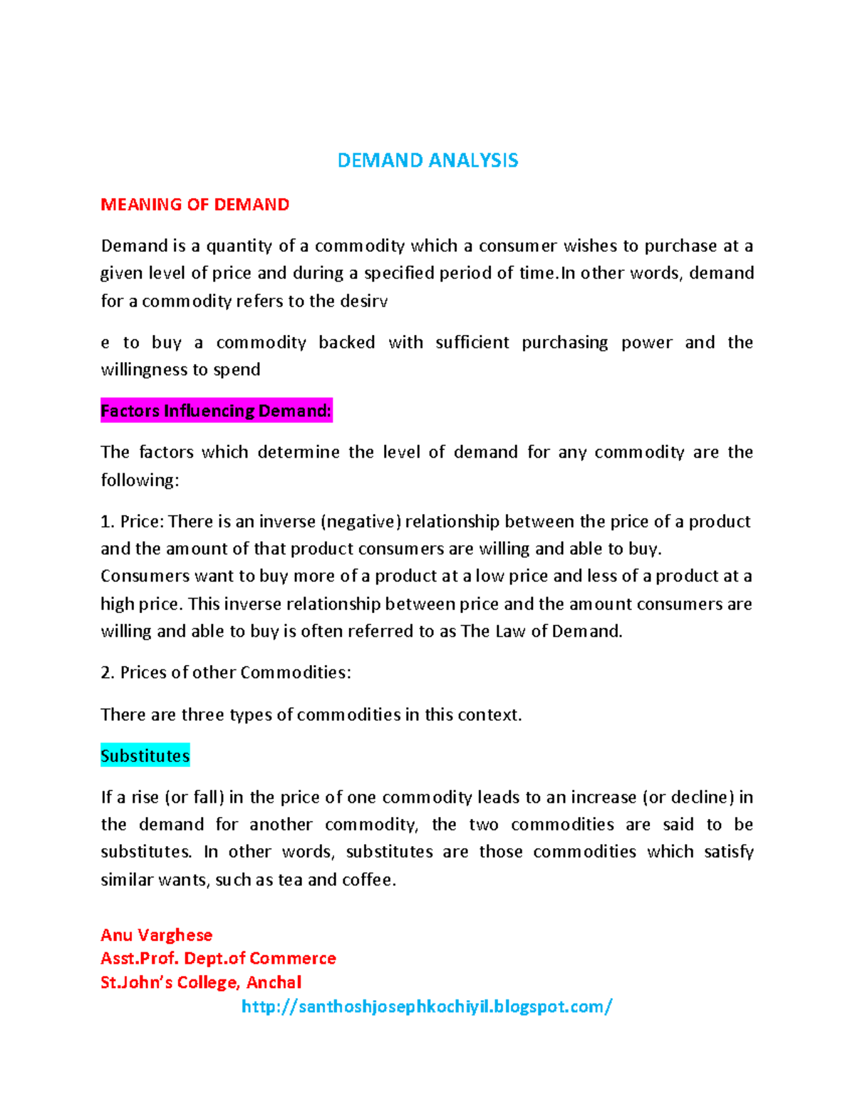 Demand Analysis - lecture notes - Anu Varghese Asst. Dept Commerce St’s ...
