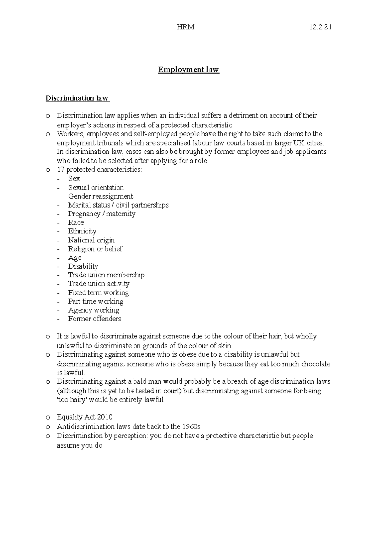 Employment law notes - Employment law Discrimination law o ...