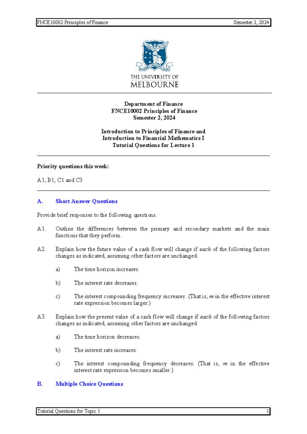 Tutorial+1+with+solutions - Department of Finance FNCE10002 Principles ...