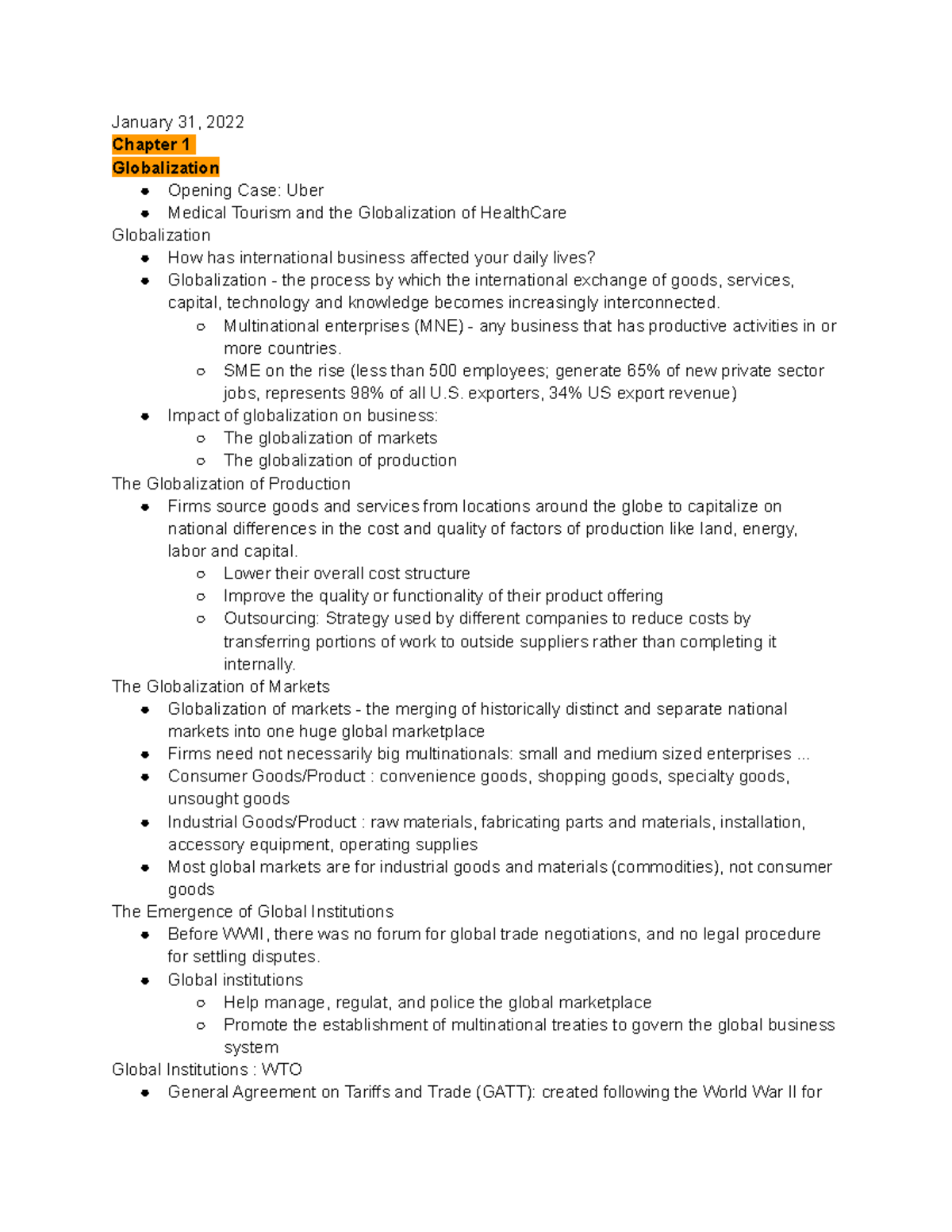 BUS5-187 Notes - January 31, 2022 Chapter 1 Globalization Opening Case ...